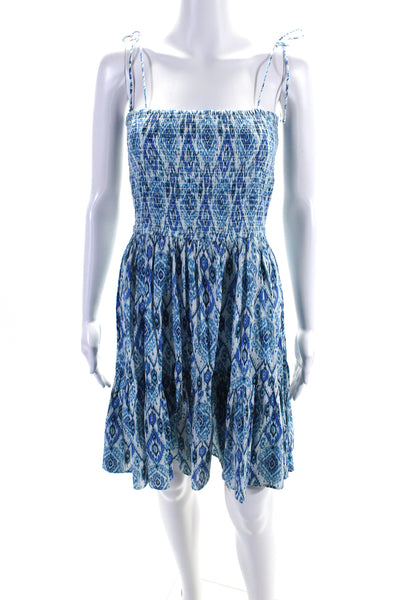 Playa Lucila Womens Ikat Print Smocked A Line Dress Blue White Size Medium