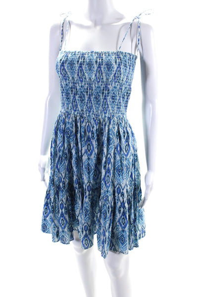 Playa Lucila Womens Ikat Print Smocked A Line Dress Blue White Size Medium