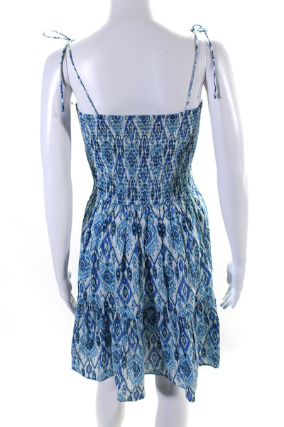 Playa Lucila Womens Ikat Print Smocked A Line Dress Blue White Size Medium