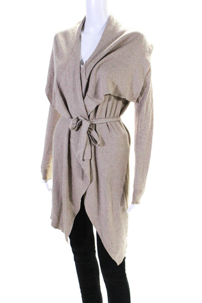 Theory Cotton Blend Belted Collared Long Sleeve Cardigan Sweater Tan Size P