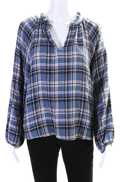 Drew Womens Plaid Ruffe Trim V-Neck Long Sleeve Pullover Blouse Top Blue Size M