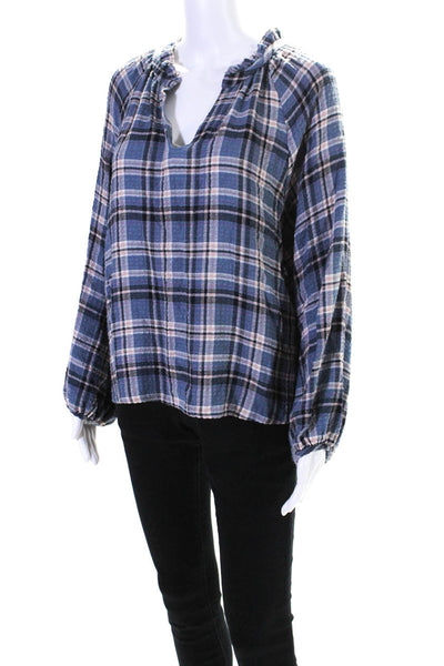 Drew Womens Plaid Ruffe Trim V-Neck Long Sleeve Pullover Blouse Top Blue Size M