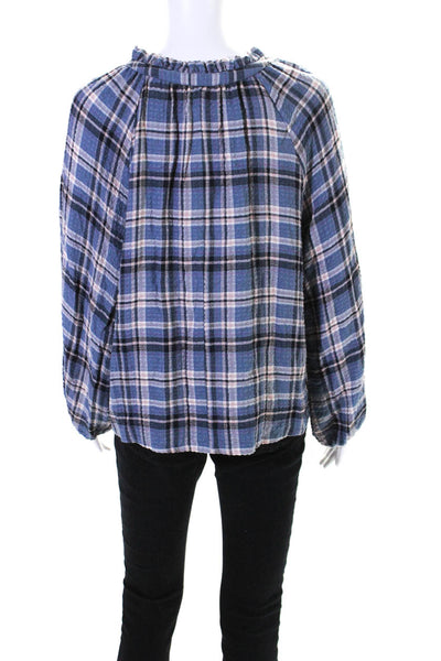 Drew Womens Plaid Ruffe Trim V-Neck Long Sleeve Pullover Blouse Top Blue Size M