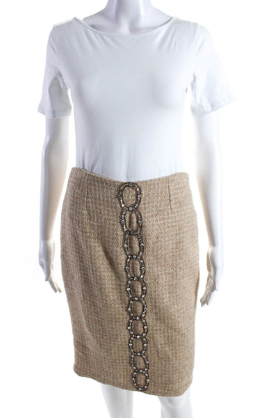 Tracy Reese Womens Woven Tweed Rhinestone Pencil Skirt Beige Wool Size 2