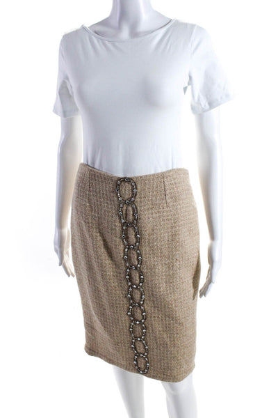 Tracy Reese Womens Woven Tweed Rhinestone Pencil Skirt Beige Wool Size 2