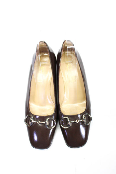 Gucci Womens Dark Brown Leather Horsebit Block Heels Pumps Shoes Size 4.5C