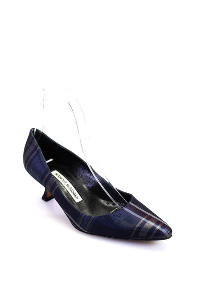 Manolo Blahnik Womens Plaid Taffeta Mid Heel Slip On Pumps Navy Size 35 5