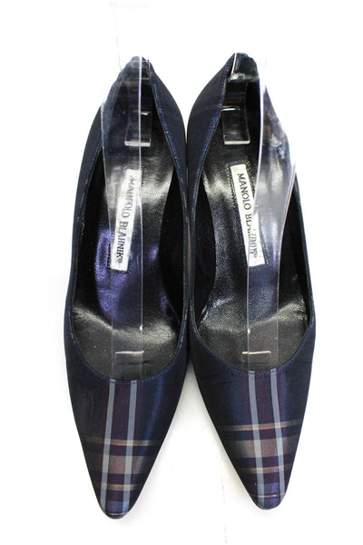 Manolo Blahnik Womens Plaid Taffeta Mid Heel Slip On Pumps Navy Size 35 5