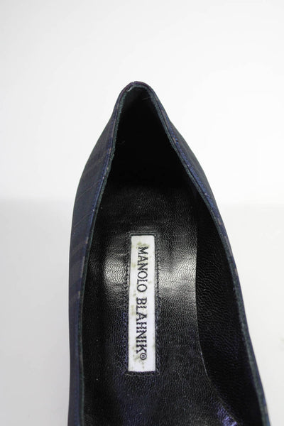 Manolo Blahnik Womens Plaid Taffeta Mid Heel Slip On Pumps Navy Size 35 5