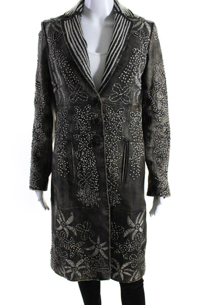 Jon Womens Faux Leather Embroider Button Long Sleeve Duster Jacket Brown Size 6