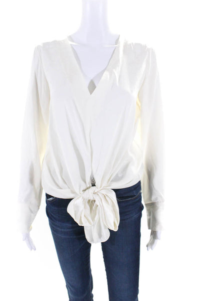 Scanlan Theodore Womens Silk Long Sleeve Tie Front V Neck Blouse White Size 4