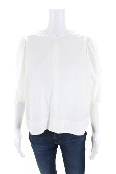 Gammi Womens Cotton Puff Sleeve Half Zip V Neck Blouse White Size 34