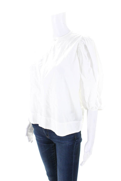 Gammi Womens Cotton Puff Sleeve Half Zip V Neck Blouse White Size 34