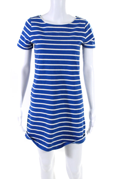 J Crew Womens Short Sleeve Scoop Neck Striped Mini Shirt Dress Blue White XS