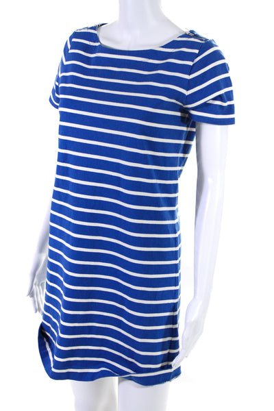 J Crew Womens Short Sleeve Scoop Neck Striped Mini Shirt Dress Blue White XS