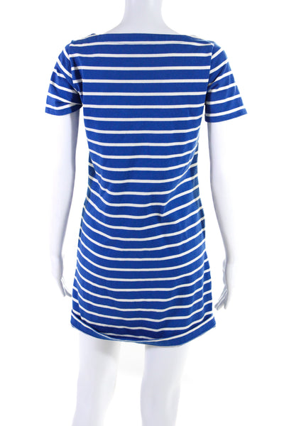 J Crew Womens Short Sleeve Scoop Neck Striped Mini Shirt Dress Blue White XS