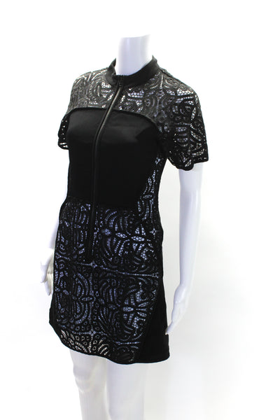 A.L.C. Womens Black Lace Front Zip Crew Neck Short Sleeve Shift Dress Size 2