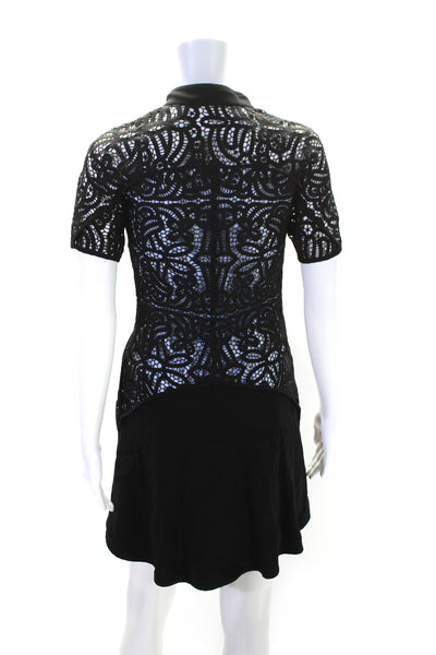 A.L.C. Womens Black Lace Front Zip Crew Neck Short Sleeve Shift Dress Size 2