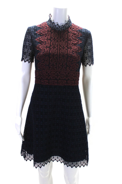 Sandro Womens Crochet Short Sleeves A Line Dress Navy Blue Red Metallic Size 3