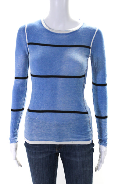 Kokun Womens Long Sleeve Round Neck Knit Striped Shirt Blue Black Size XS