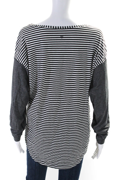 Lululemon Womens Long Sleeve Scoop Neck Striped Shirt White Black Gray Size 12