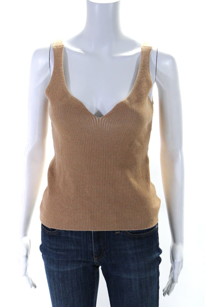 Monrow Women's V-Neck Sleeveless Ribbed Tank Top Blouse Camel Size M