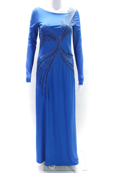 Emilio Pucci Womens Round Neck Embroider Beaded Zip Long Sleeve Gown Blue Size S