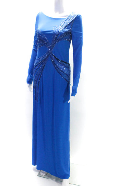 Emilio Pucci Womens Round Neck Embroider Beaded Zip Long Sleeve Gown Blue Size S