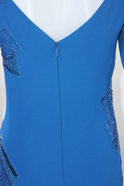 Emilio Pucci Womens Round Neck Embroider Beaded Zip Long Sleeve Gown Blue Size S