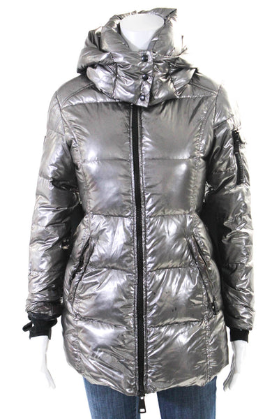 SAM. Women's Hood Long Sleeves Full Zip Puffer Coat Silver Metallic Coat Size 14