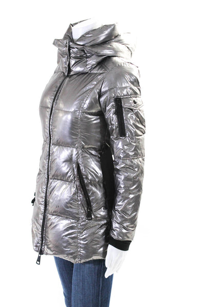 SAM. Women's Hood Long Sleeves Full Zip Puffer Coat Silver Metallic Coat Size 14