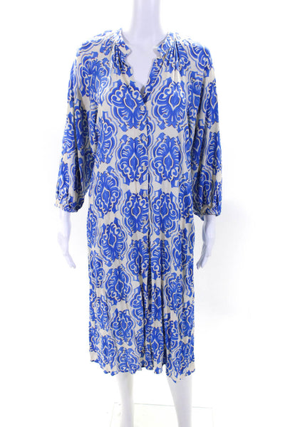 Zara Womens Abstract V-Neck Long Sleeve Button Up Maxi Shirt Dress Blue Size S