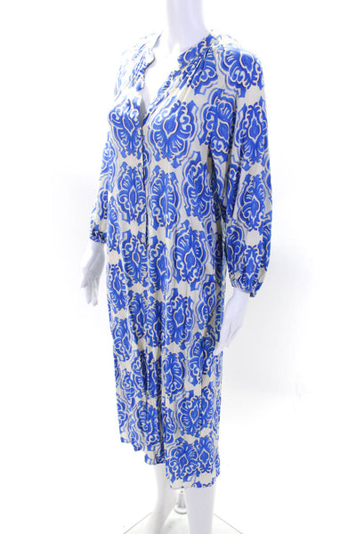 Zara Womens Abstract V-Neck Long Sleeve Button Up Maxi Shirt Dress Blue Size S