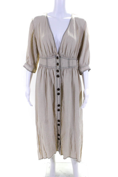 Zara Woman Womens Linen V-Neck Long Sleeve Button Up Maxi Dress Beige Size S