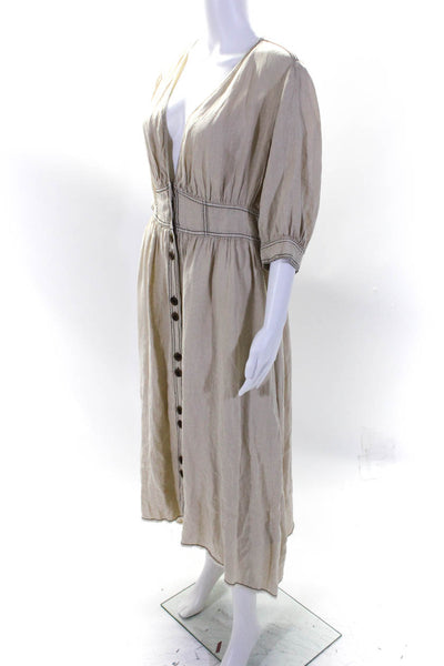 Zara Woman Womens Linen V-Neck Long Sleeve Button Up Maxi Dress Beige Size S