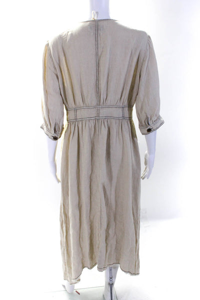 Zara Woman Womens Linen V-Neck Long Sleeve Button Up Maxi Dress Beige Size S