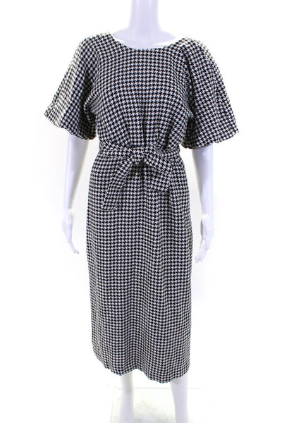 Zara Womens Cotton Houndstooth Belted Round Neck Short Sleeve Dress White Size S