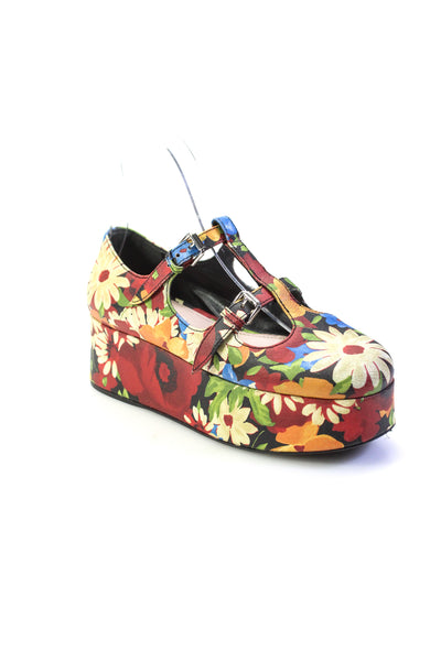 Miu Miu Womens Floral Platform Mary Jane Flats Multicolored Leather Size 35.5