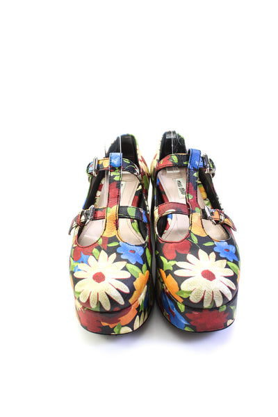 Miu Miu Womens Floral Platform Mary Jane Flats Multicolored Leather Size 35.5