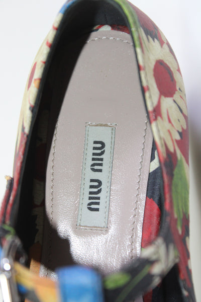 Miu Miu Womens Floral Platform Mary Jane Flats Multicolored Leather Size 35.5