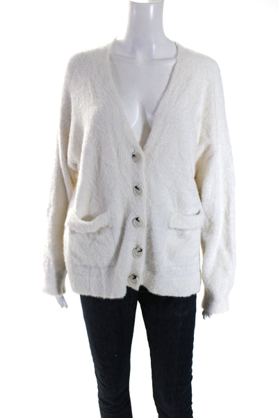 525 Womens Fuzzy V Neck Oversize Button Up Cardigan Sweater White Size Small