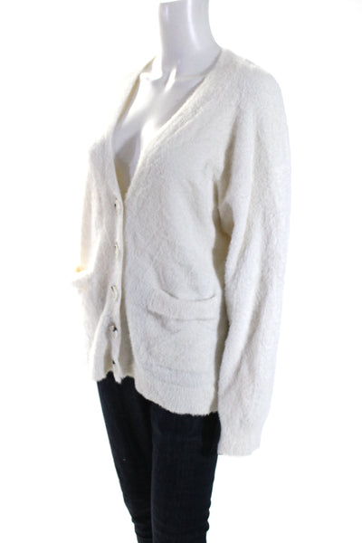 525 Womens Fuzzy V Neck Oversize Button Up Cardigan Sweater White Size Small