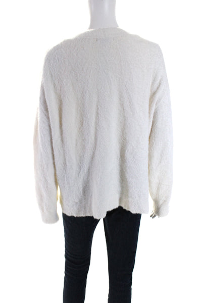 525 Womens Fuzzy V Neck Oversize Button Up Cardigan Sweater White Size Small