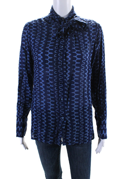 Oliphant Womens Button Front 3/4 Sleeve Collared V Neck Shirt Blue Size Small