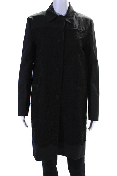 Valentino Womens Long Button Up Collared Lace Coat Jacket Black Size 8