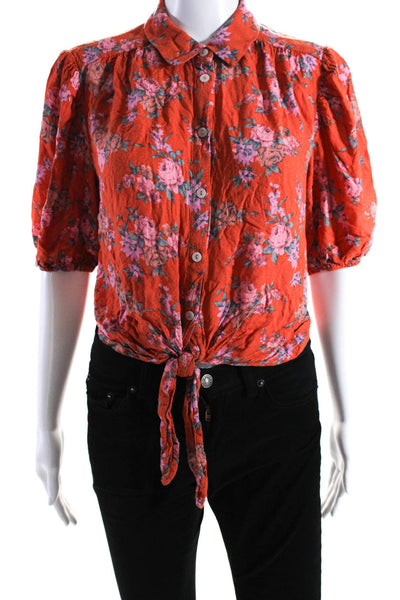 Free People Womens Floral Print Tied Knot Hem Buttoned Blouse Top Orange Size S