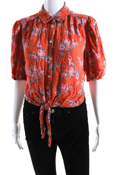 Free People Womens Floral Print Tied Knot Hem Buttoned Blouse Top Orange Size S