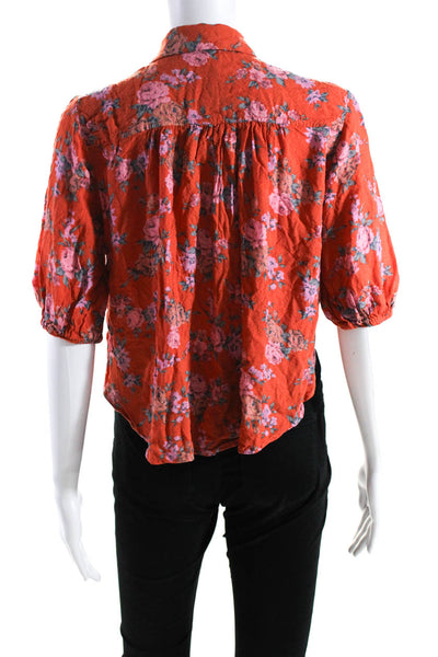 Free People Womens Floral Print Tied Knot Hem Buttoned Blouse Top Orange Size S