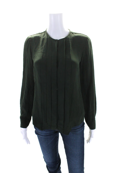 Derek Lam Womens Dark Green Crew Neck Pleated Long Sleeve Blouse Top Size S