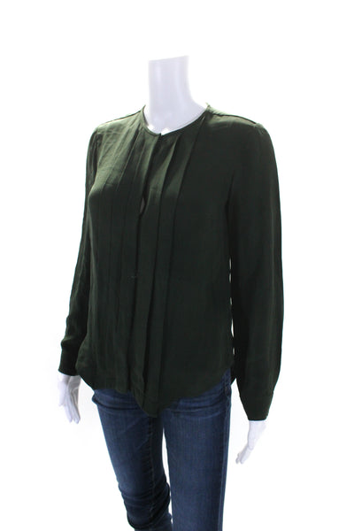 Derek Lam Womens Dark Green Crew Neck Pleated Long Sleeve Blouse Top Size S